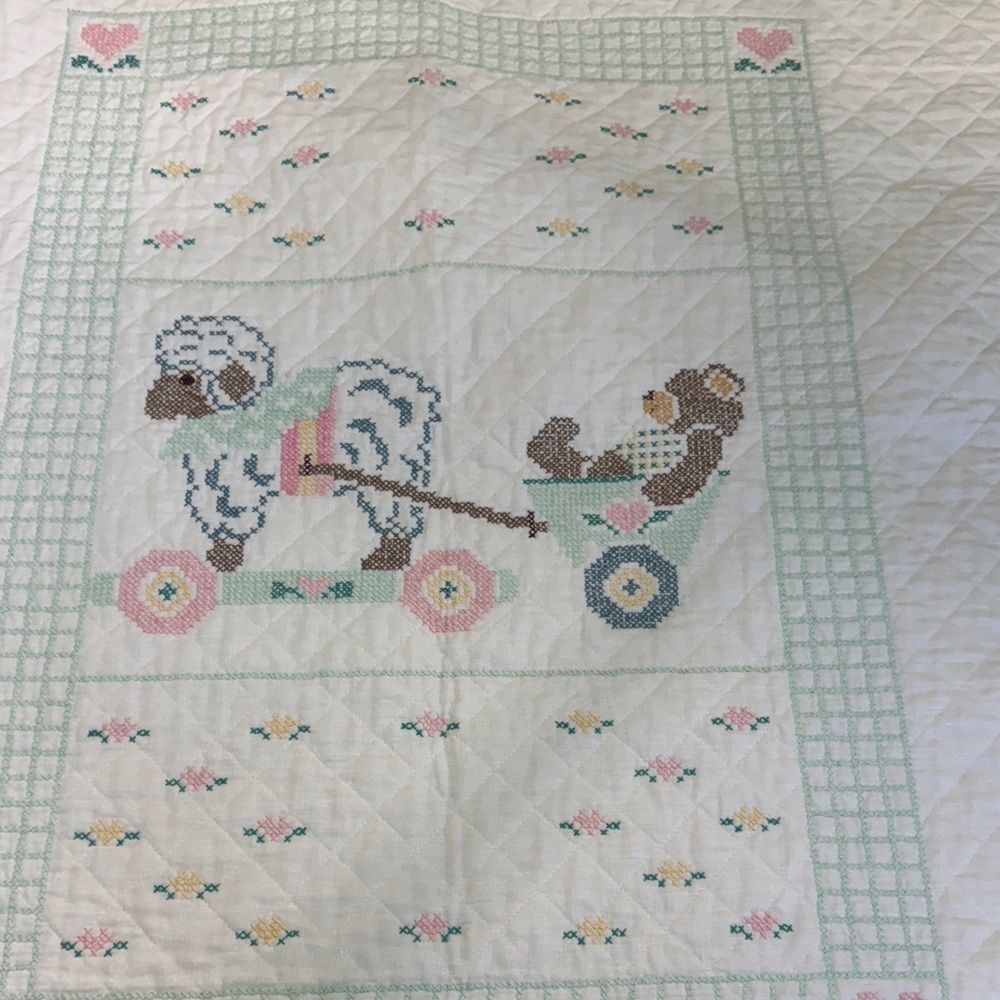 Vintage hand made hand embroidery Pastel Baby Quilt with Lamb and Bear Design